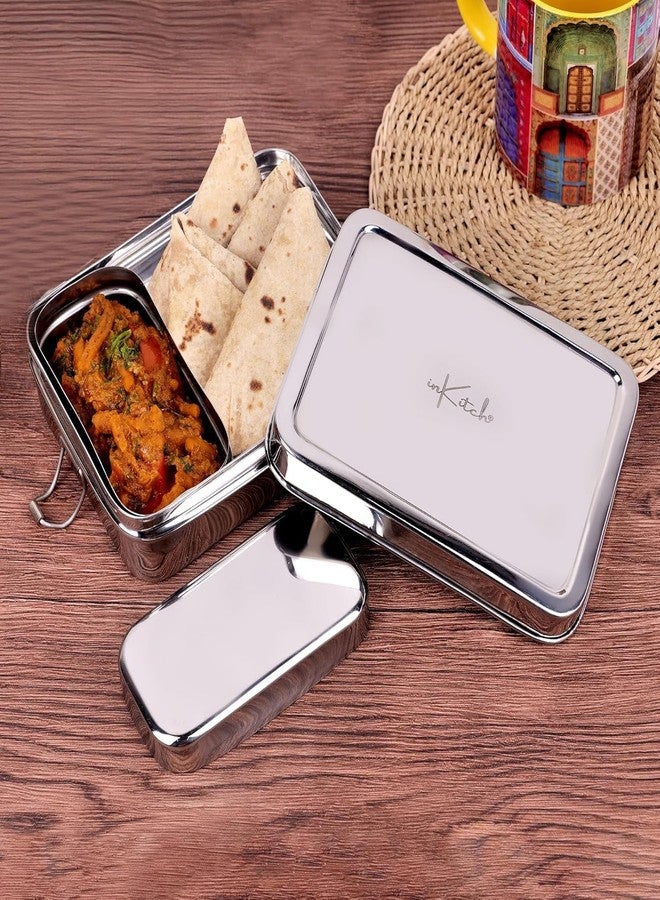 inKitch Steel Tiffin Box for Office | 650ML Premium Stainless Steel Square Lunch Box | Leak-Proof Stainless Steel Lunch Box & Office | Durable Rectangle Steel Box with Inner Container & Lock Clip - Image 1